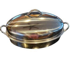 Vintage Stainless Steel Oval Roaster Pan Lid Trivet Rack 21x11x8 High Dome XL